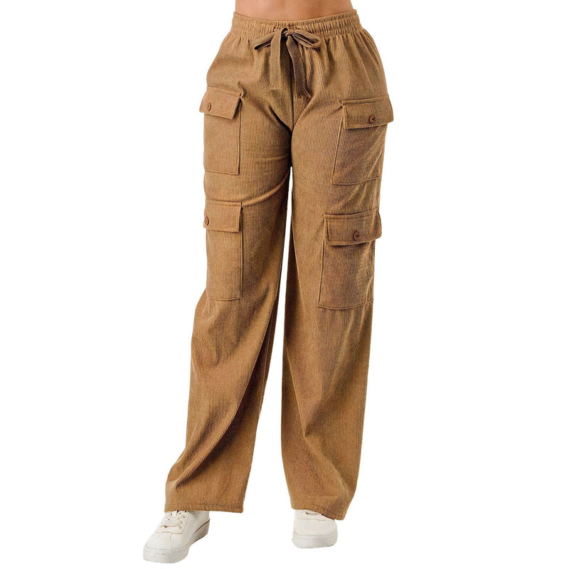Load image into Gallery viewer, Front view of a woman in trendy khaki corduroy cargo pants, complete with functional pockets and a comfortable fit, ideal for fashion-forward casual attire.
