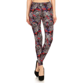 Elegant high-waisted leggings featuring a sophisticated red, blue, and white floral line art design on a black background, paired with classic black heels for a stylish look.