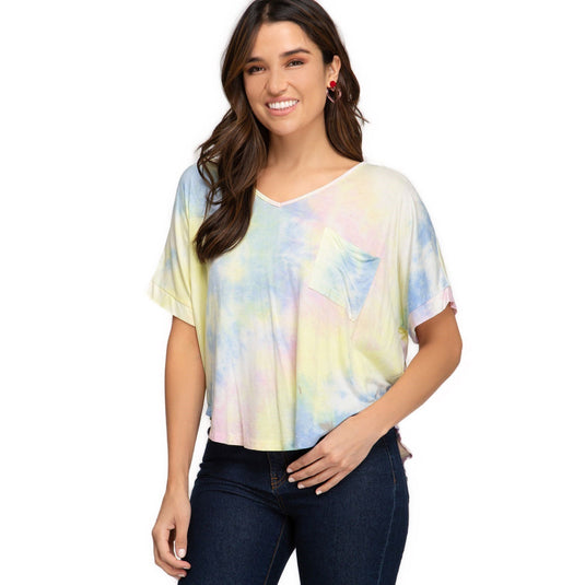 Cheerful yellow tie-dye V-neck top with a unique folded drop shoulder design, making it a sunny addition to any casual outfit.