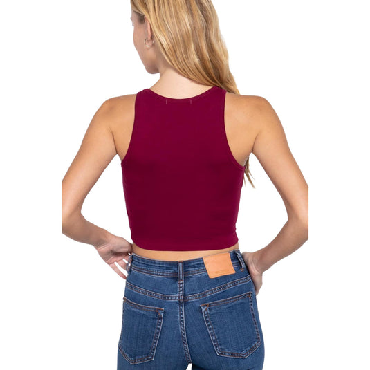 Rear view of a burgundy halter neck crop top on a woman, highlighting the simple yet chic back design and casual style.