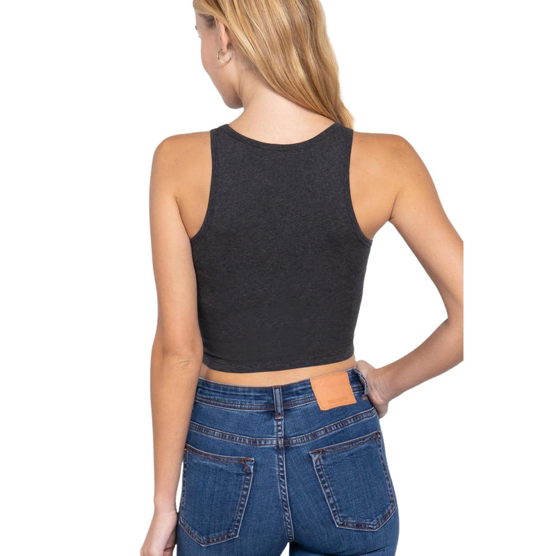 Load image into Gallery viewer, Back view of a charcoal grey halter neck crop top, perfectly pairing with denim jeans showcasing a modern, laid-back vibe.
