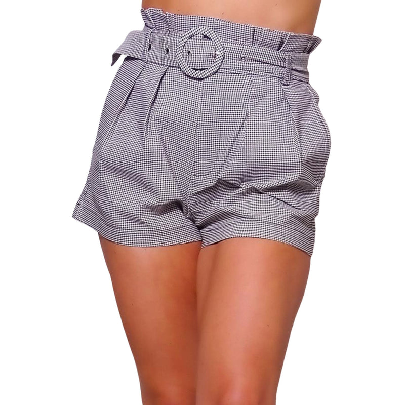 Load image into Gallery viewer, Front view of high-waisted plaid shorts with pleated details, a belted waist featuring a large round buckle, highlighting a fashionable and structured design.
