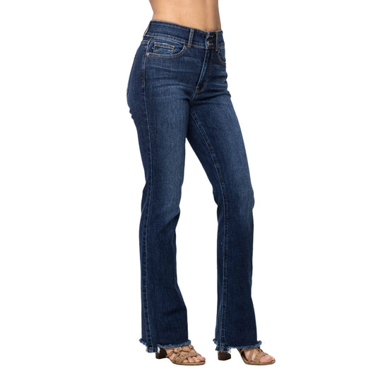 Side view of Judy Blue Full Size Frayed Hem Bootcut Jeans highlighting the flattering bootcut silhouette and frayed hem detail.