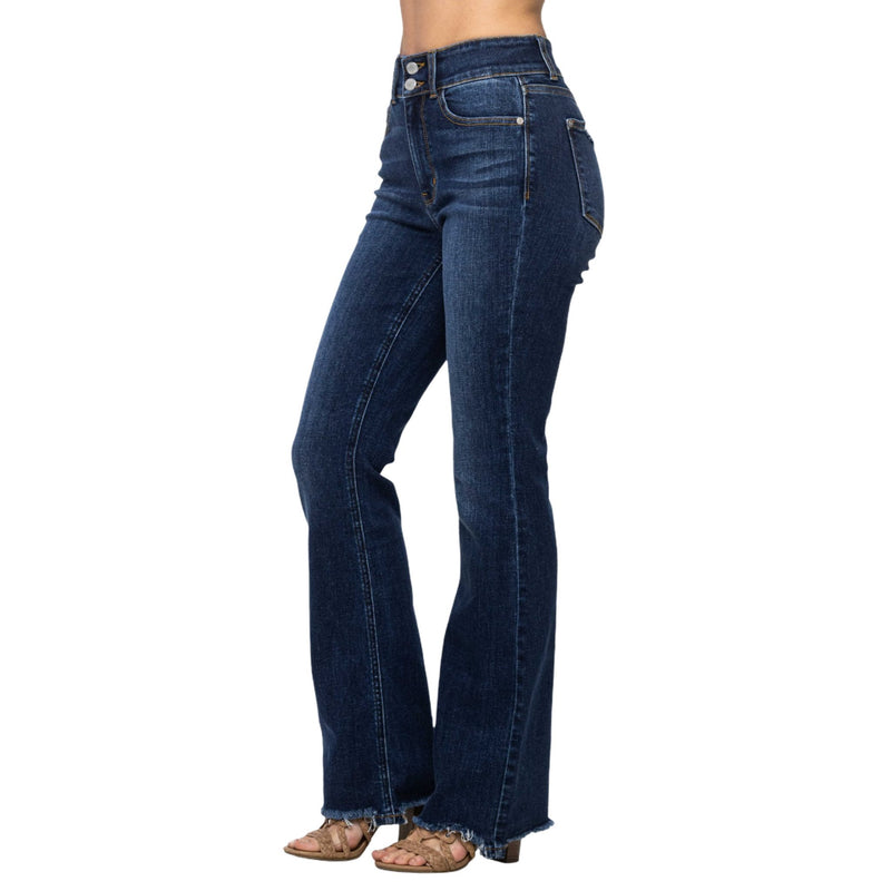 Load image into Gallery viewer, Angled side view of Judy Blue Full Size Frayed Hem Bootcut Jeans, showcasing the sleek fit and frayed hem.
