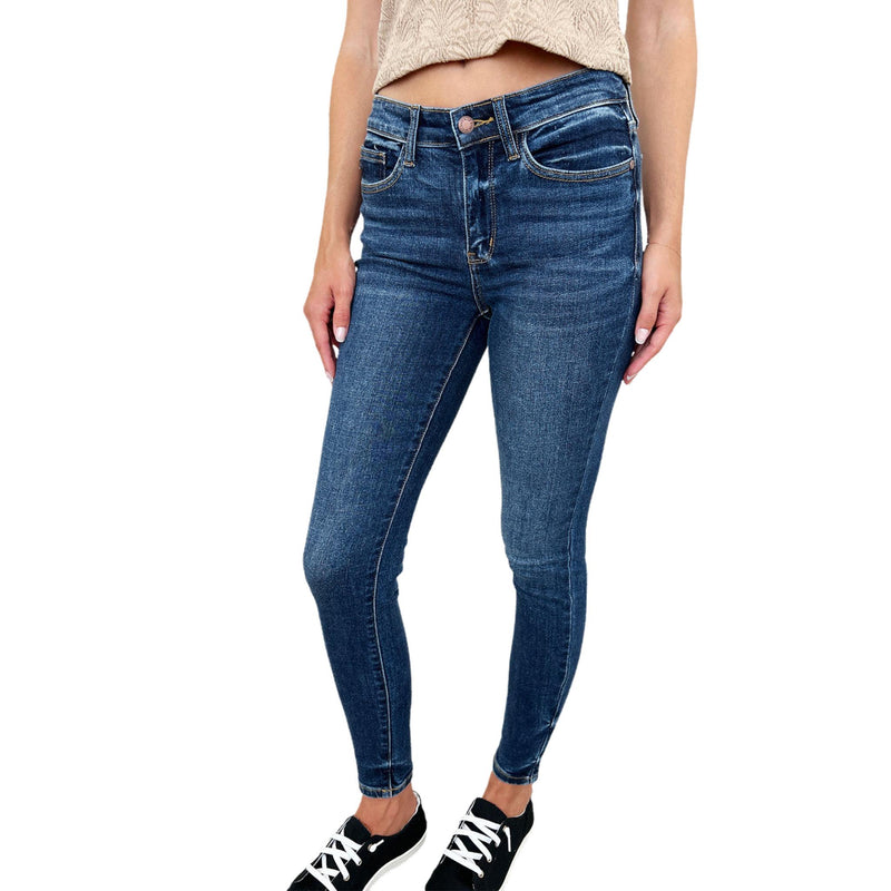 Load image into Gallery viewer, Side angle of Judy Blue Full Size Handsand Skinny Jeans, showcasing the classic medium wash and flattering cut.
