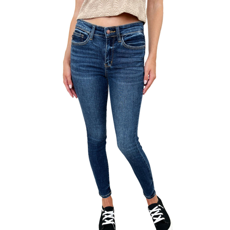 Load image into Gallery viewer, Full-length front view of Judy Blue Full Size Handsand Skinny Jeans, paired with a beige top and black sneakers for a casual look.
