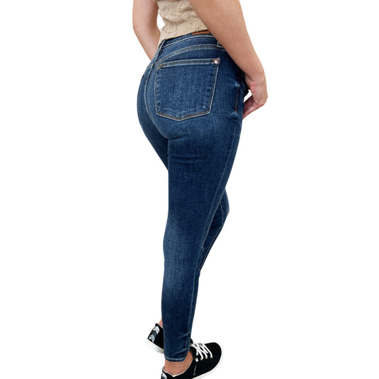 Side view of Judy Blue Full Size Handsand Skinny Jeans, highlighting the flattering fit and back pocket details.