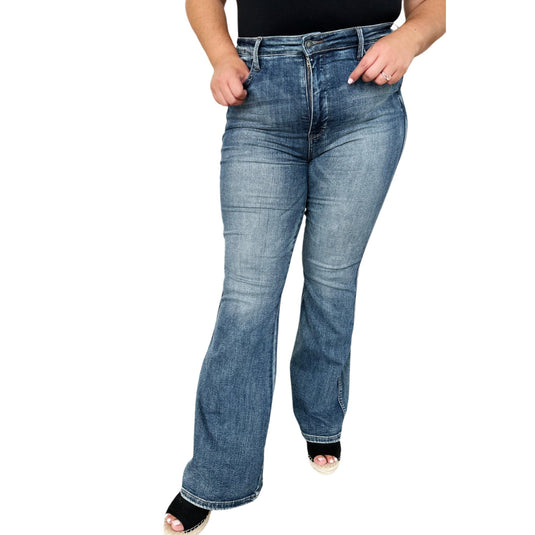 Front view of Judy Blue High Waist Tummy Control Flare Jeans with a focus on the tummy control and high waist design.