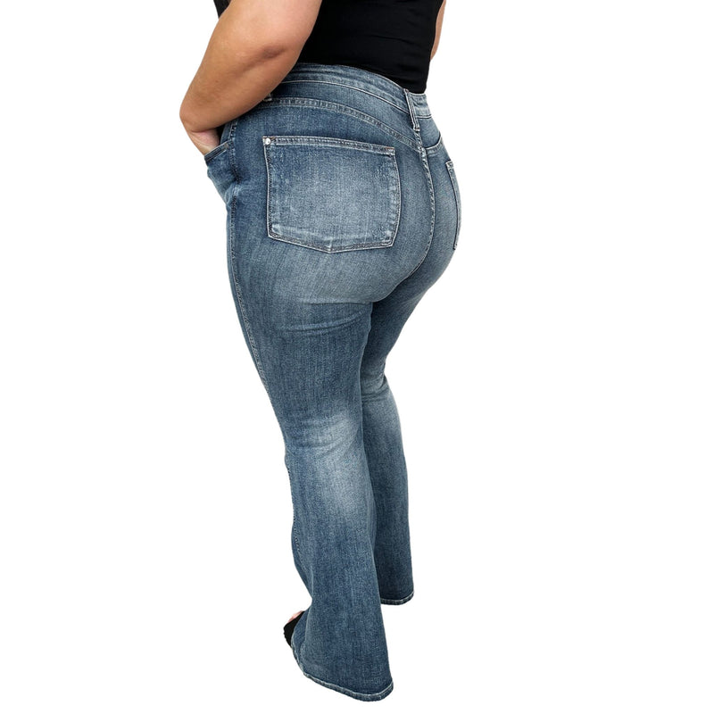 Load image into Gallery viewer, Back angled view of Judy Blue High Waist Tummy Control Flare Jeans, highlighting the pocket design and flare leg.
