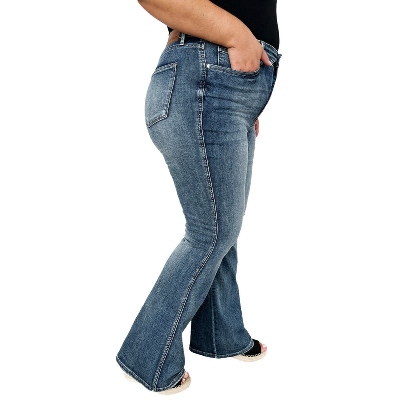 Load image into Gallery viewer, Side view of Judy Blue High Waist Tummy Control Flare Jeans, highlighting the sleek fit and flare leg design.
