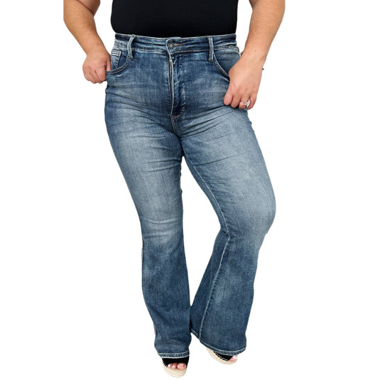 Front view of Judy Blue High Waist Tummy Control Flare Jeans, showcasing the high waist and tummy control features.