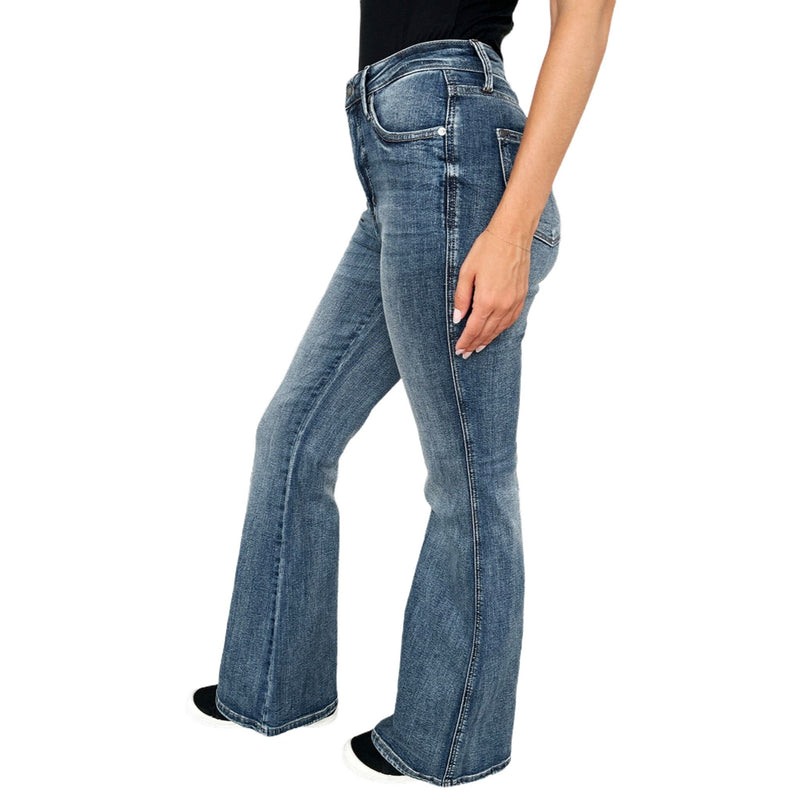 Load image into Gallery viewer, Side profile of Judy Blue High Waist Tummy Control Flare Jeans, highlighting the slimming high waist and stylish flare leg.
