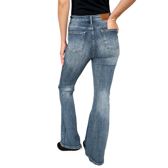 Rear view of Judy Blue High Waist Tummy Control Flare Jeans, showcasing the back pocket details and the flattering flare leg design.