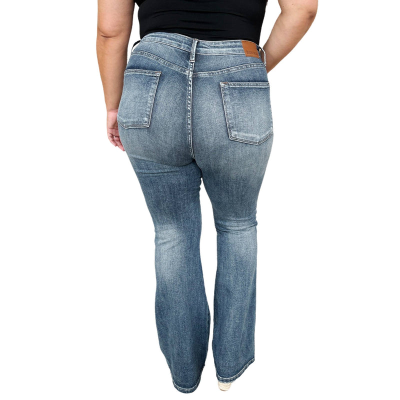 Load image into Gallery viewer, Back view of Judy Blue High Waist Tummy Control Flare Jeans, showing the fit and flare leg silhouette.
