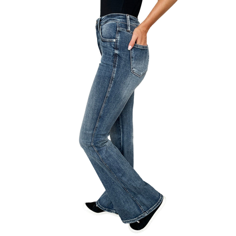 Load image into Gallery viewer, Side view of Judy Blue High Waist Tummy Control Flare Jeans, showing the sleek fit and flare leg design with pocket detail.
