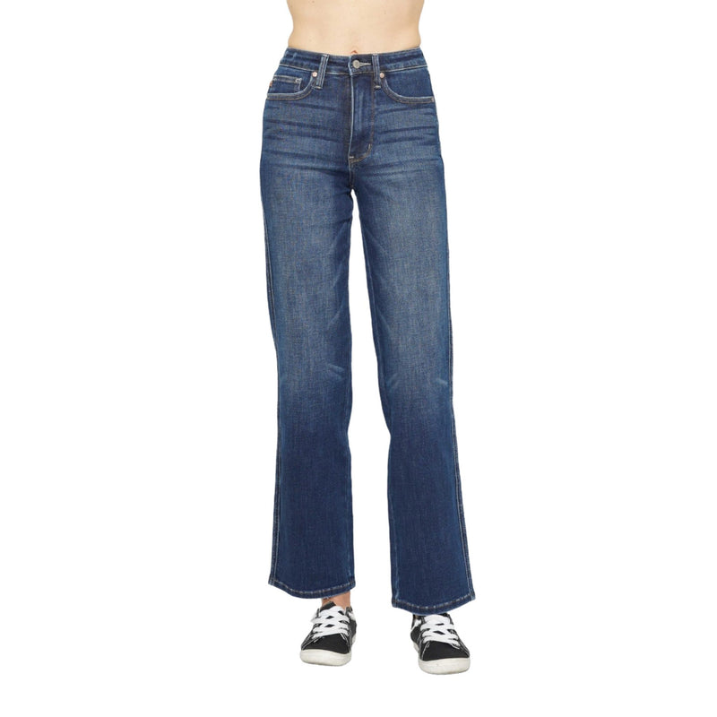 Load image into Gallery viewer, Front view of Judy Blue High Waist Tummy Control Jeans in dark wash with black sneakers.
