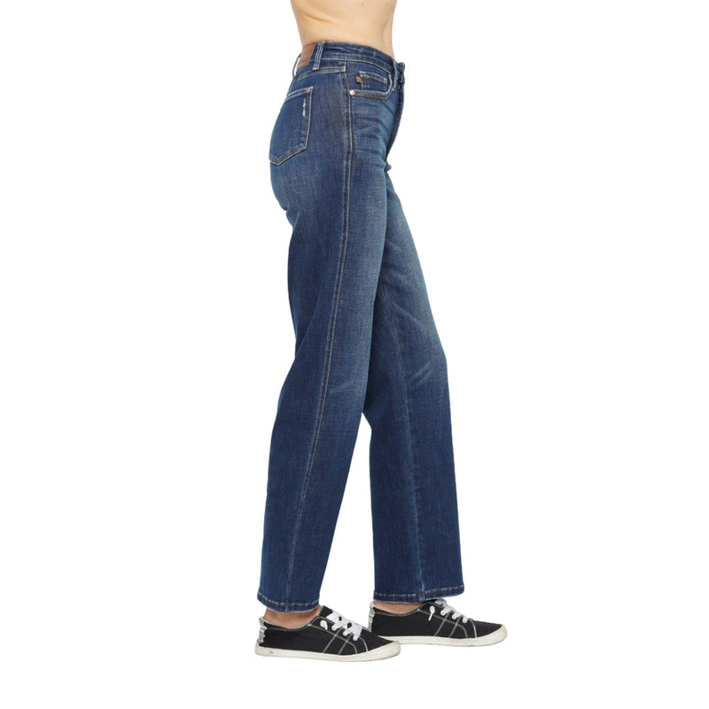 Load image into Gallery viewer, Side view of dark wash Judy Blue High Waist Tummy Control Jeans and black sneakers.
