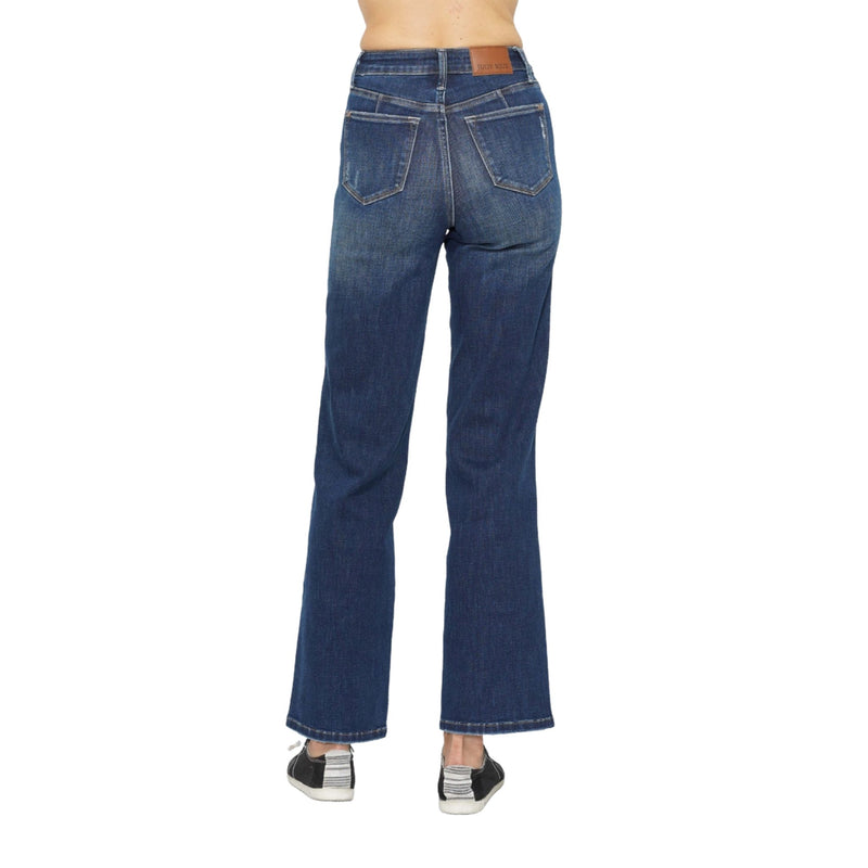 Load image into Gallery viewer, Rear view of dark wash Judy Blue High Waist Tummy Control Jeans with black sneakers.
