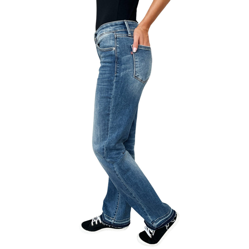 Load image into Gallery viewer, Side view of Judy Blue Full Size High Waist Tummy Control Jeans highlighting the moderate stretch fabric.
