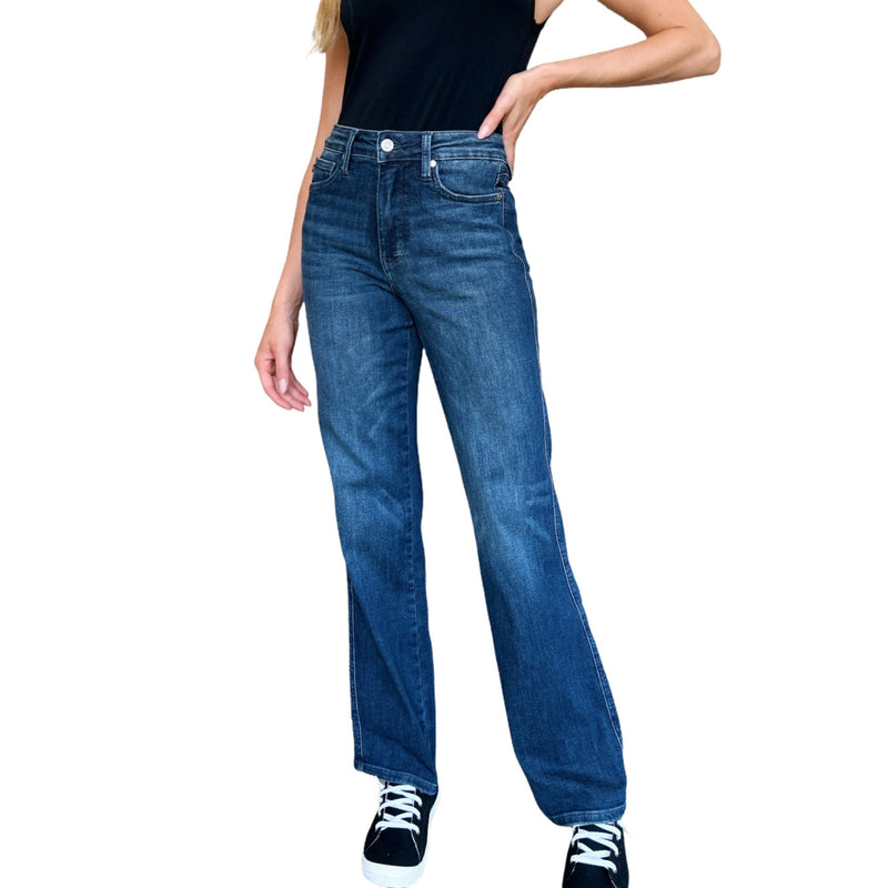 Load image into Gallery viewer, Full-length view of Judy Blue Full Size Tummy Control Straight Jeans, demonstrating straight leg cut and dark wash.
