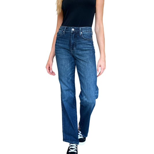 Woman wearing Judy Blue Full Size Tummy Control Straight Jeans with moderate stretch, front view showing mid-rise fit.