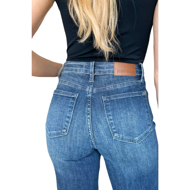 Load image into Gallery viewer, Back view of Judy Blue Full Size Tummy Control Straight Jeans highlighting flattering rear fit and classic pocket design.
