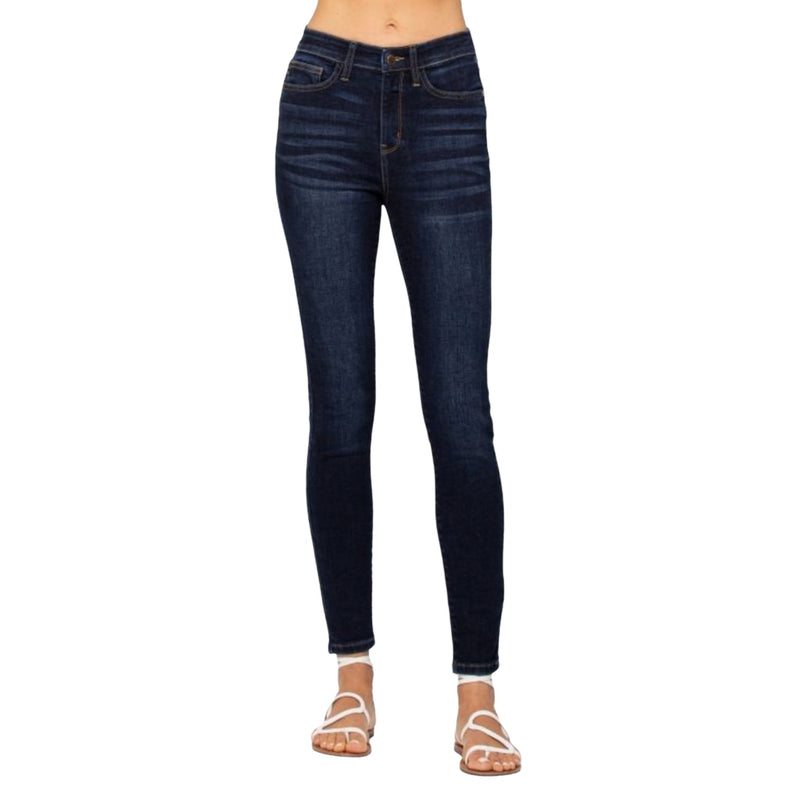 Load image into Gallery viewer, Front view of the Classic High Waist Skinny Jeans, showing the sleek, figure-flattering silhouette in a dark wash.
