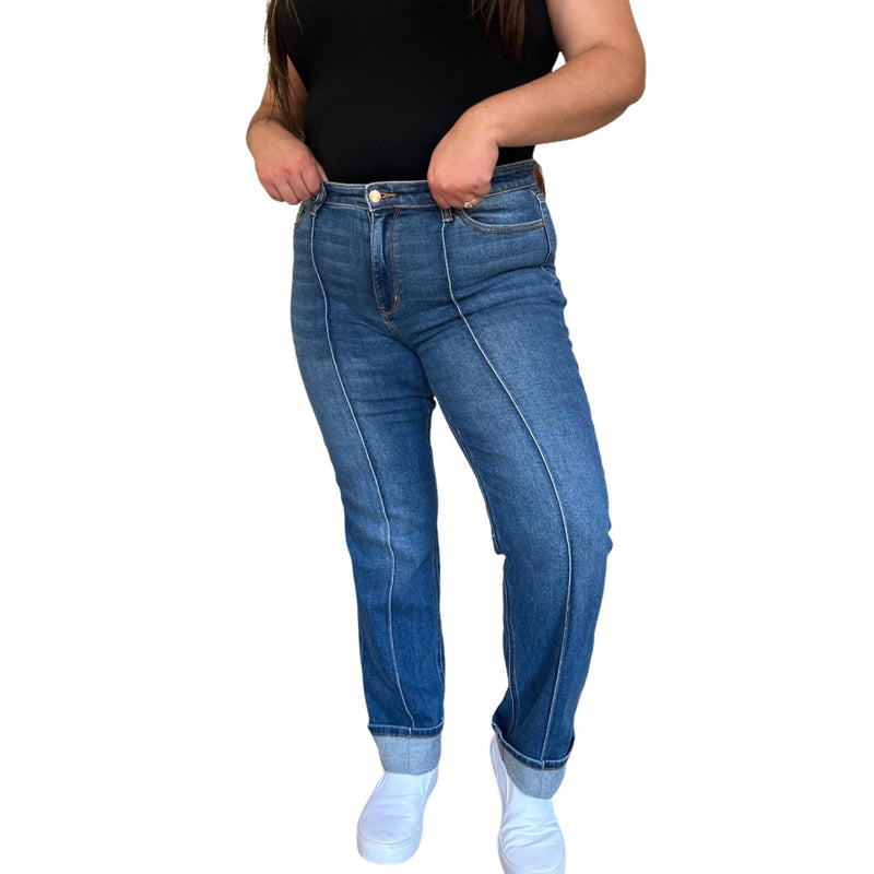 Load image into Gallery viewer, A detailed front view of the High Waist Front Seam Detail Straight Jeans, showing off the unique front seam and high-rise fit that hugs the waist.
