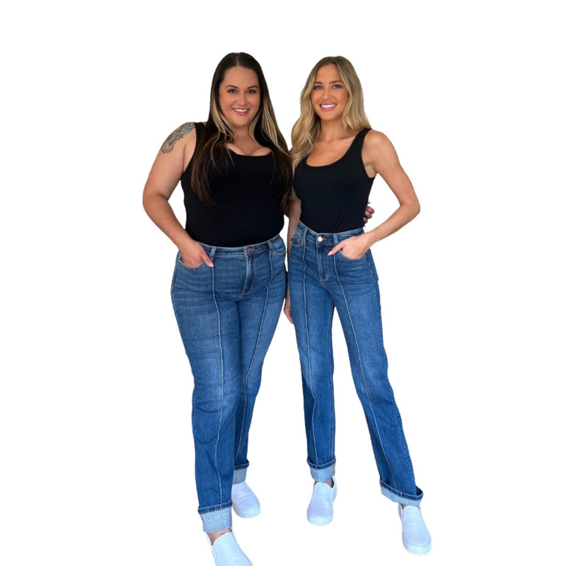 Load image into Gallery viewer, Two women standing side by side, both wearing High Waist Front Seam Detail Straight Jeans with black tops and white sneakers, showcasing how the jeans flatter different body types.
