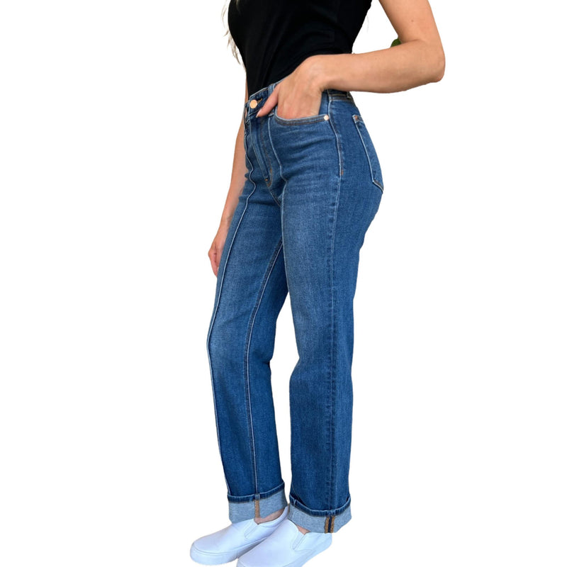 Load image into Gallery viewer, A side view of a woman wearing the High Waist Front Seam Detail Straight Jeans, highlighting the sleek front seam and high-waisted fit.
