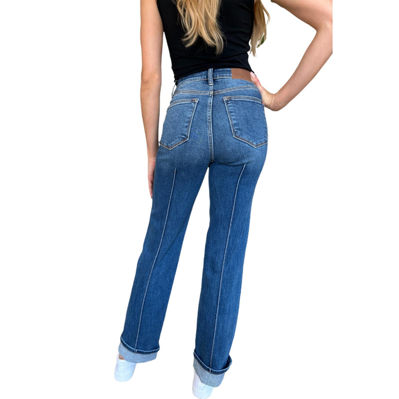 Load image into Gallery viewer, A rear view of a woman wearing the High Waist Front Seam Detail Straight Jeans, highlighting the high-waisted design and flattering fit on the hips and back.
