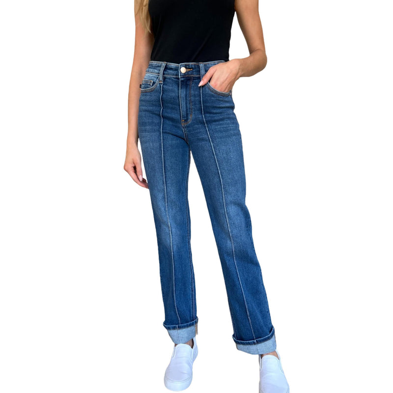 Load image into Gallery viewer, A front view of a woman in the High Waist Front Seam Detail Straight Jeans, emphasizing the front seam detail, straight-leg cut, and comfortable fit paired with casual white sneakers.
