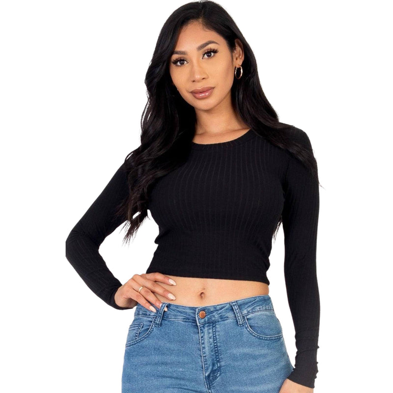 Load image into Gallery viewer, Stylish female showcasing a fitted black ribbed long-sleeve crop top, ideal for a chic monochrome ensemble.
