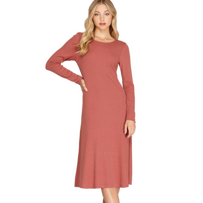 Load image into Gallery viewer, Elegant dusty coral colored long sleeve midi dress with a round neckline, crafted from a soft knit fabric, presenting a simple yet sophisticated silhouette perfect for versatile styling.
