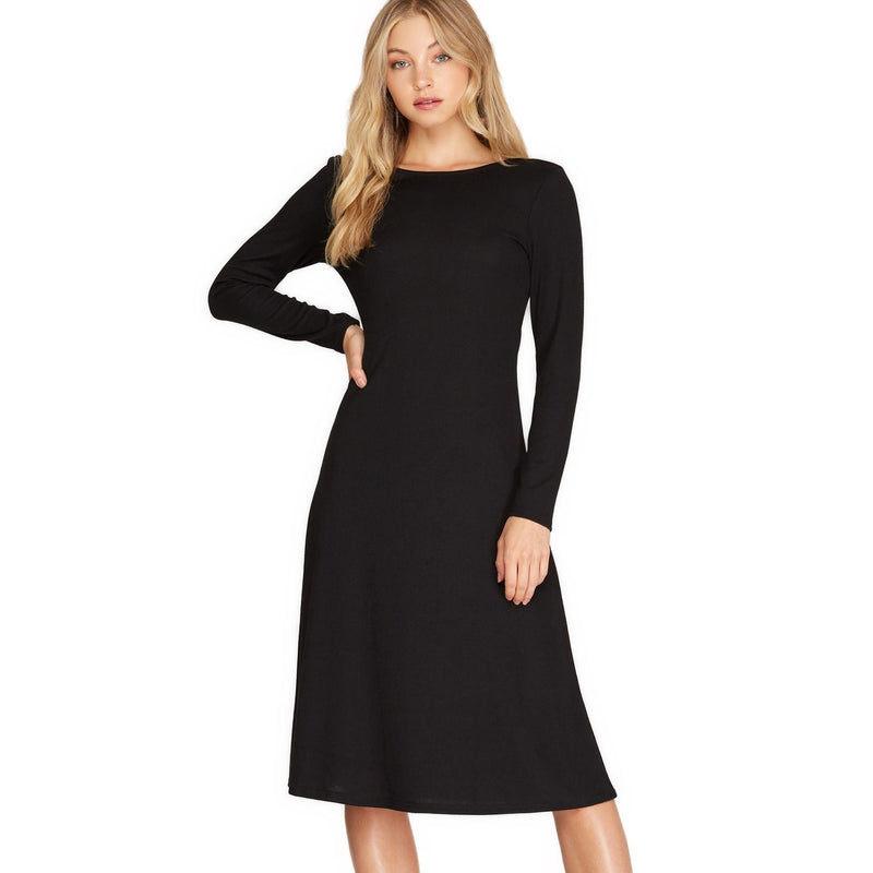 Load image into Gallery viewer, Chic black long sleeve midi dress featuring a smooth round neckline and a gently flared skirt, made from a comfortable knit fabric for all-day wear.
