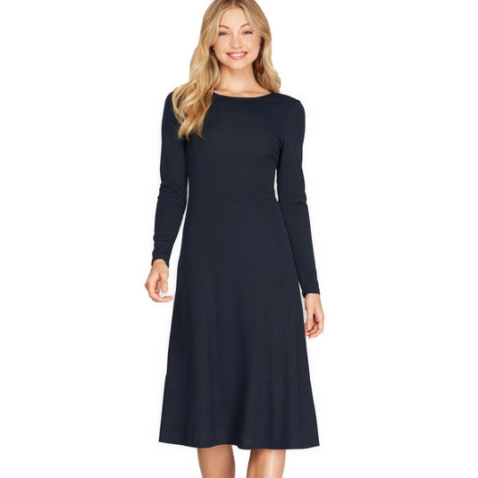 Stylish navy long sleeve midi dress with a round neck, crafted from a cozy knit blend, offering a flattering fit-and-flare silhouette suitable for various occasions.