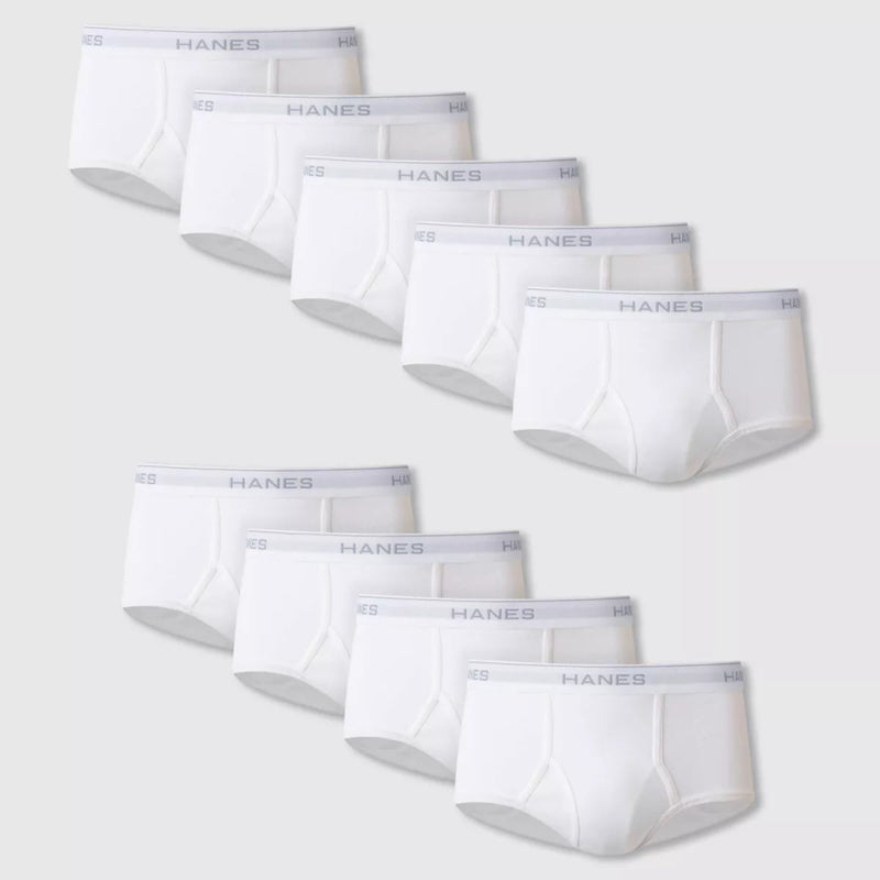 Load image into Gallery viewer, A set of nine folded white Hanes tagless briefs arranged in three rows, emphasizing the quantity available in the pack.
