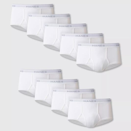 A set of nine folded white Hanes tagless briefs arranged in three rows, emphasizing the quantity available in the pack.