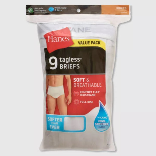Packaged Hanes tagless briefs, value pack of nine, displaying the product's packaging with features like "Soft & Breathable" and "Comfort Flex Waistband."