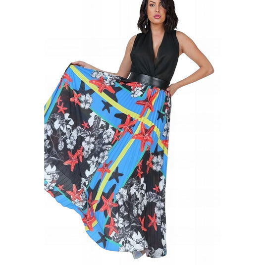 A model showcases a Paradise Blue Pleated Maxi Skirt with Leather Detail, featuring a bold starfish and floral print, paired with a black halter top.