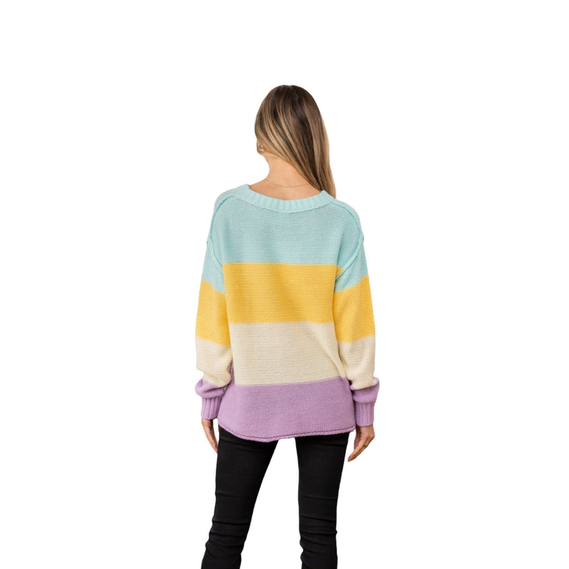 Load image into Gallery viewer, Back view of the Pastel Color Block Exposed Seam Sweater highlighting the light blue, yellow, cream, and lavender color block design.
