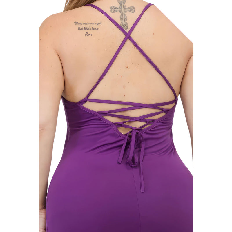 Load image into Gallery viewer, Back view of a dahlia purple plus size maxi dress featuring intricate crisscross straps and a graceful tie.
