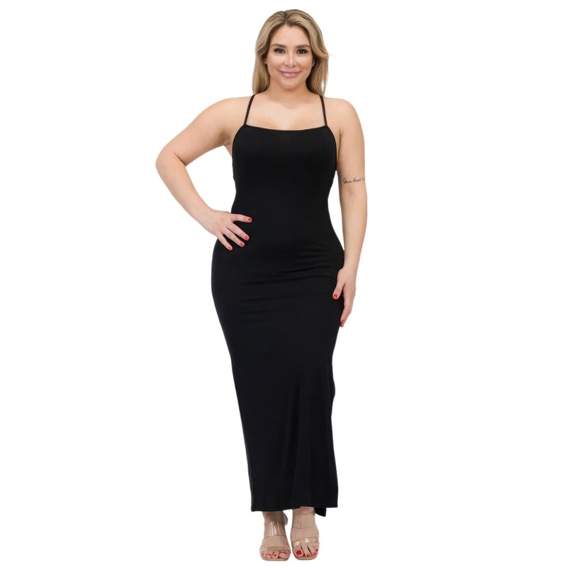 Load image into Gallery viewer, Confident woman modeling a black plus size crisscross back split thigh maxi dress with delicate straps and figure-flattering silhouette.
