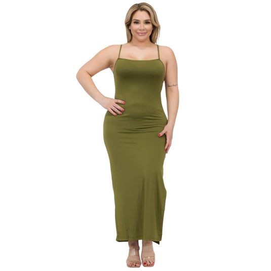 Plus size olive green maxi dress with spaghetti straps and a side slit, worn with elegance, part of the versatile dress collection at Rainy Day Deliveries.