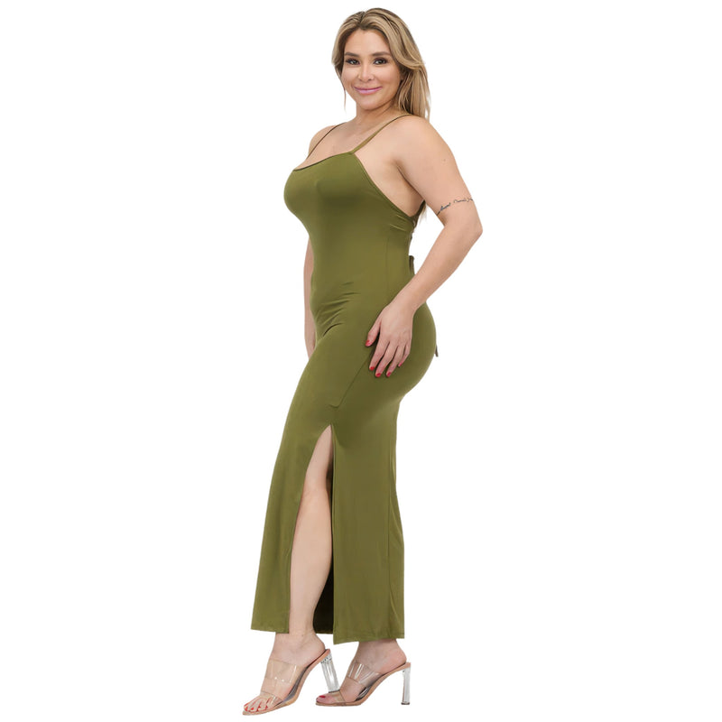 Load image into Gallery viewer, Side view of a chic olive green crisscross back split thigh maxi dress in plus size, accentuating curves and comfort.
