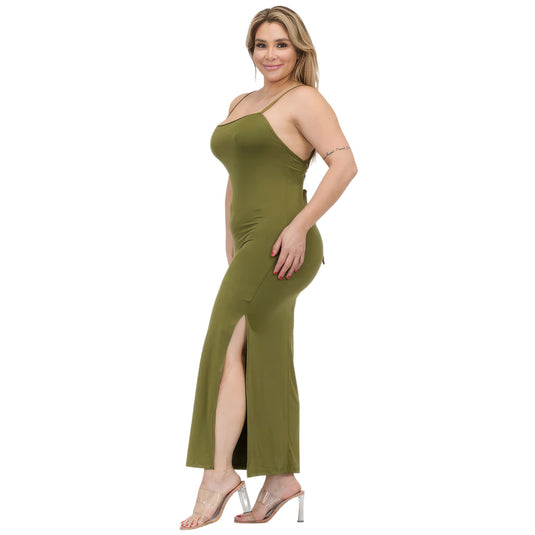 Side view of a chic olive green crisscross back split thigh maxi dress in plus size, accentuating curves and comfort.