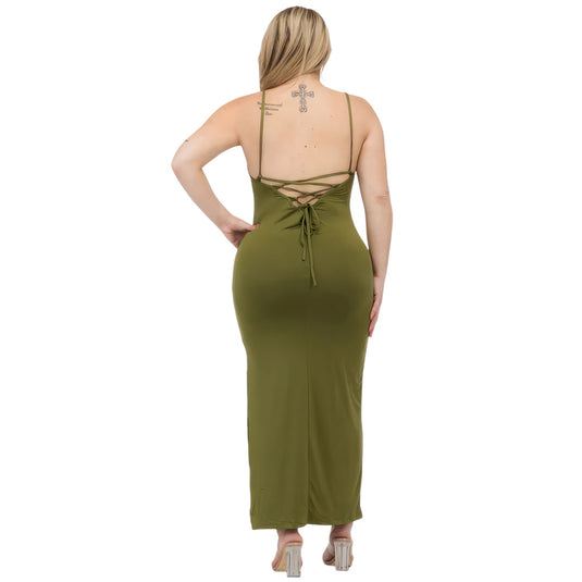 Rear view of a stylish olive branch green plus size maxi dress with crisscross lace-up back detailing, embodying sophistication.