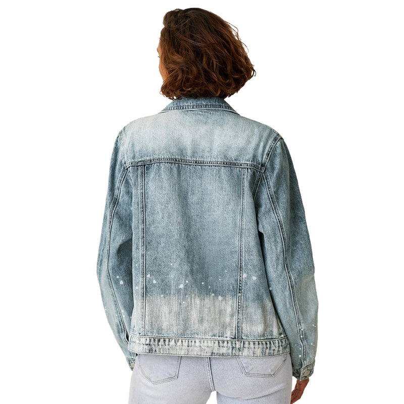 Load image into Gallery viewer, Back view of a woman wearing a button-up ombre washed denim jacket, showcasing the gradient effect and casual fit, paired with light-wash jeans.
