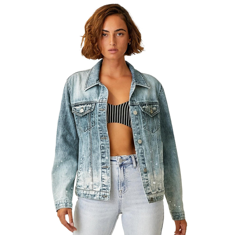 Load image into Gallery viewer, Front view of a woman in an ombre washed denim jacket and high-waisted jeans, highlighting the gradient wash and button-up design, creating a chic and casual look.
