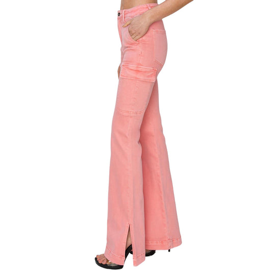 Side view of pink high-rise bootcut cargo jeans with pockets, showcasing the fit around the waist and hips.